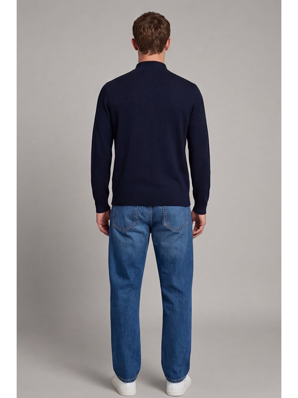 Erkek Lacivert Normal Kesim Regular Fit Yünlü Dokuma Desenli Triko Kazak-3