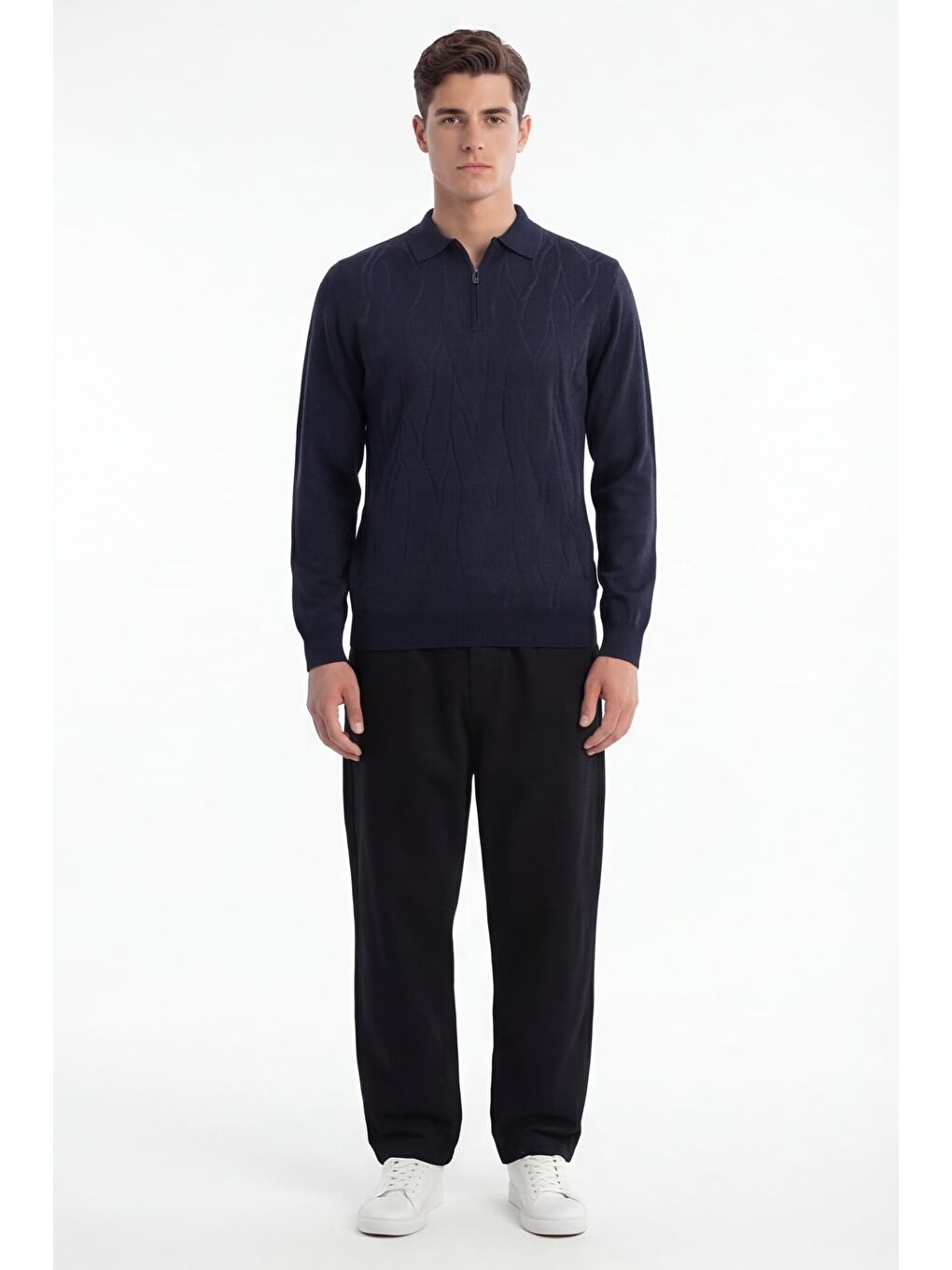 Erkek Lacivert Normal Kesim Regular Fit Yünlü Fermuarlı Polo Yaka Basic Triko Kazak-1