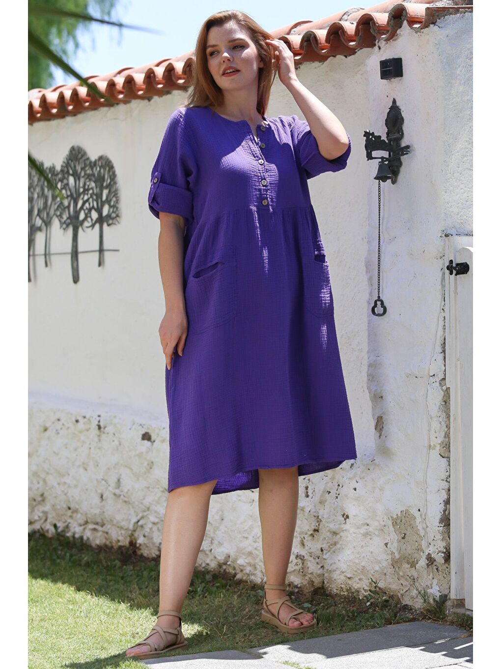 Mor Yuvarlak Yaka Düğmeli Uzun Kollu Cepli Yıkamalı Casual Müslin Dokuma Elbise 107 60-7