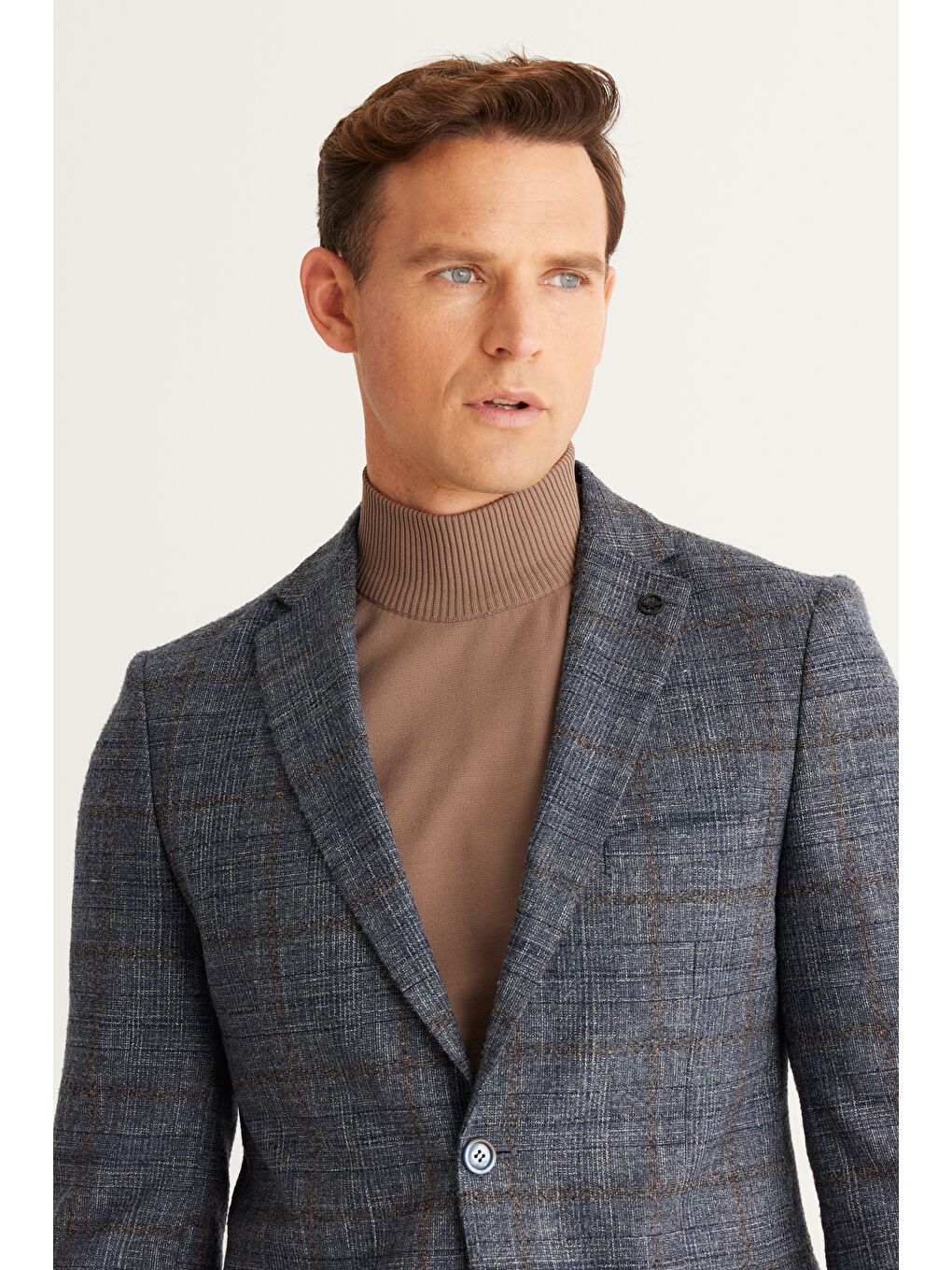 Erkek Mavi-Kahverengi Slim Fit Dar Kesim Mono Yaka Kapak Cep Ceket-1