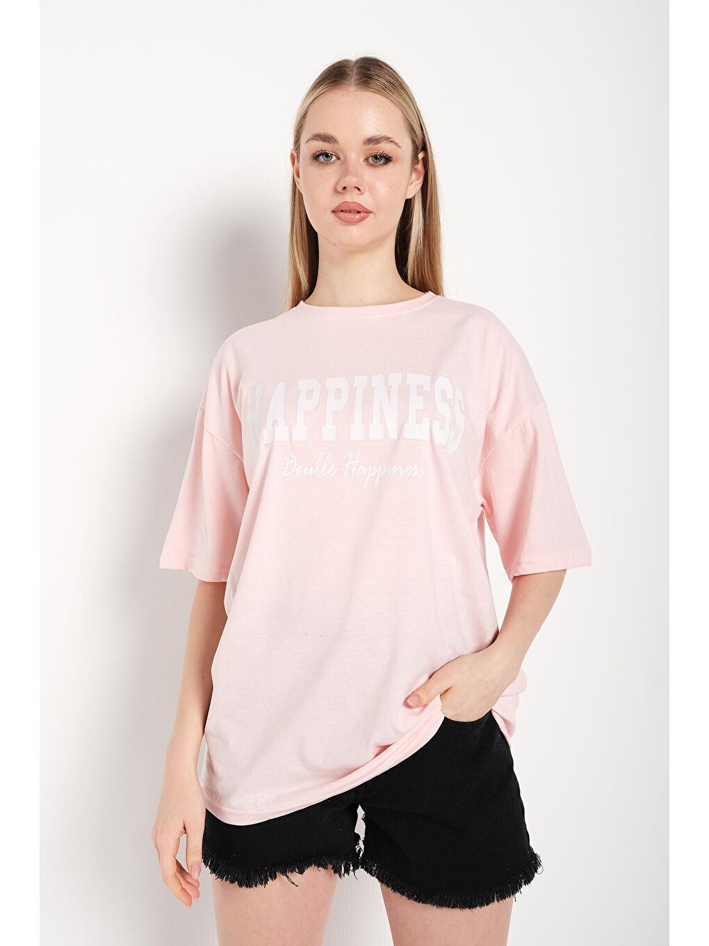 Trendseninle Pembe Kadın Pudra Pembe Happıness Baskılı Oversize Tişört