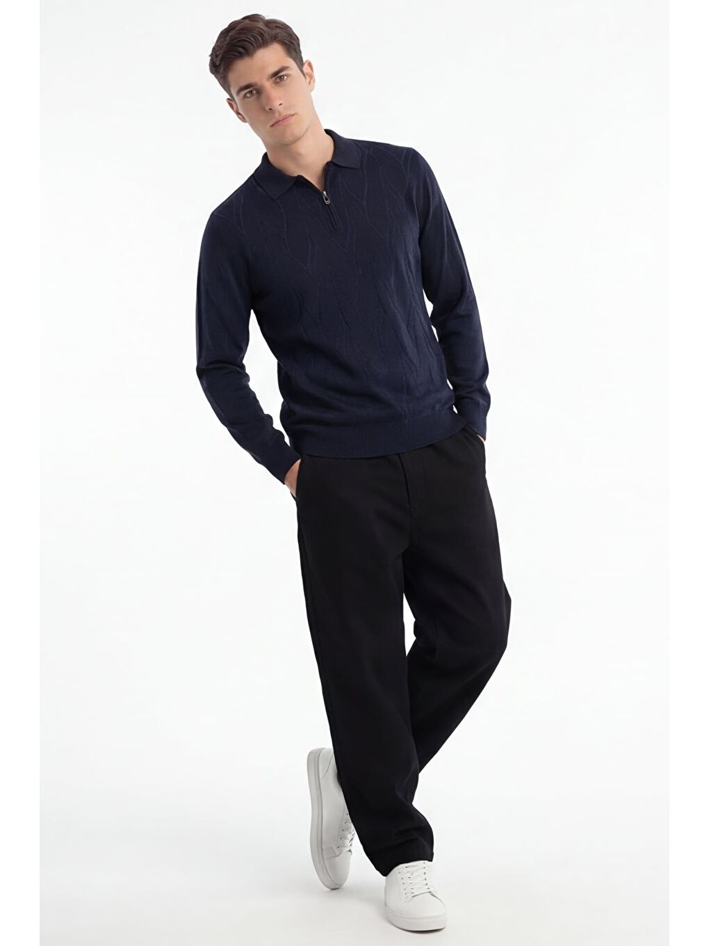 Erkek Lacivert Normal Kesim Regular Fit Yünlü Fermuarlı Polo Yaka Basic Triko Kazak-2