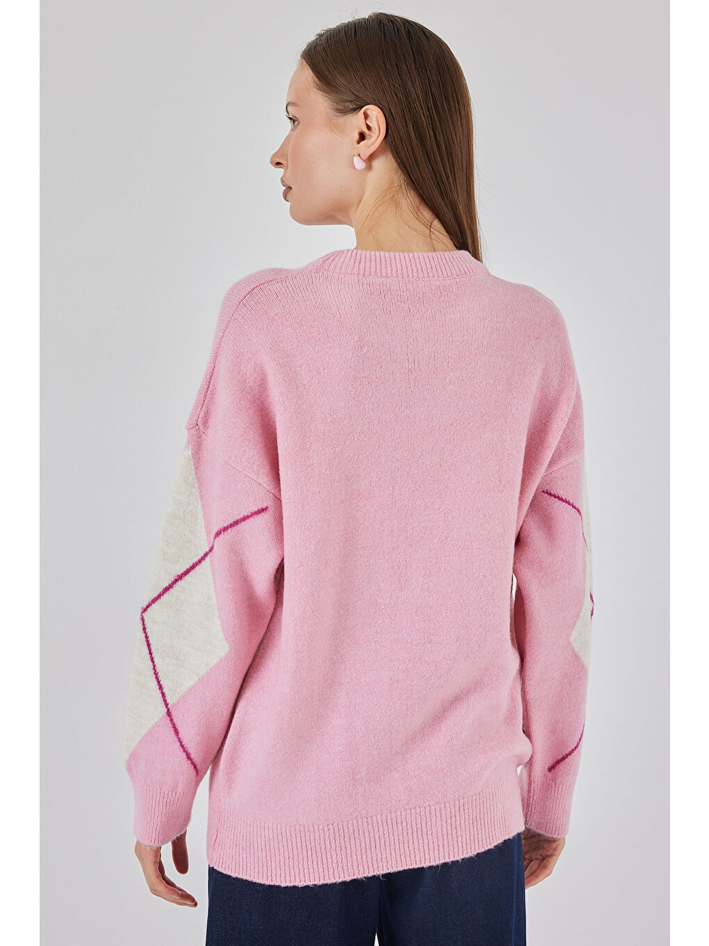 15895 Baklava Desenli Oversize Triko Kazak - C. Pembe-5