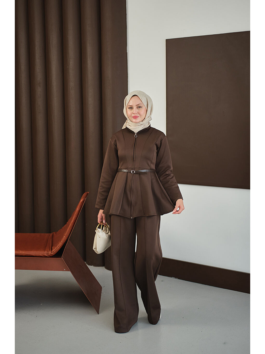 Kadın Fermuarlı Scuba Takım Kahverengi