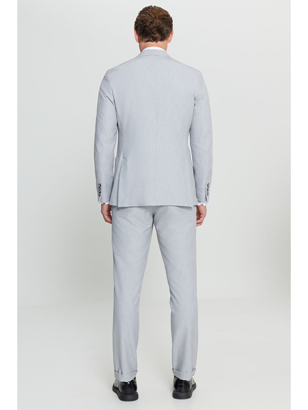 Erkek Gri Taşıma Torbalı Slim Fit Dar Kesim Kırlangıç Yaka Beli Bağlamalı Takım Elbise-6