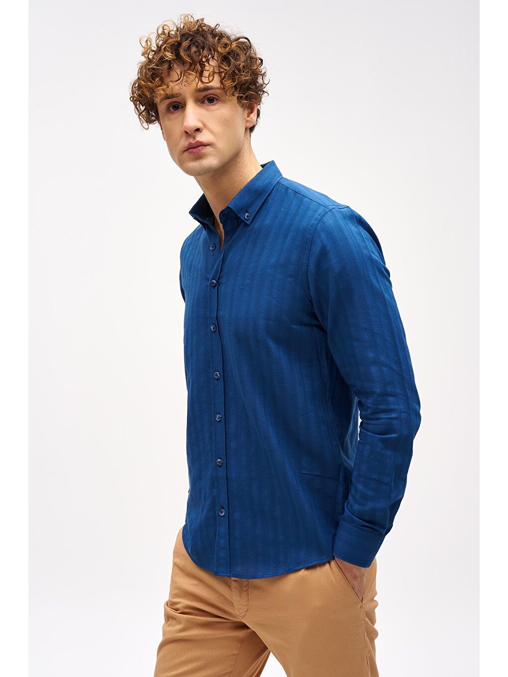 Lacivert Dynamic Fit  Düğmeli Yaka Çizgili Uzun Kollu Cepsiz %100 Pamuk Gömlek-1