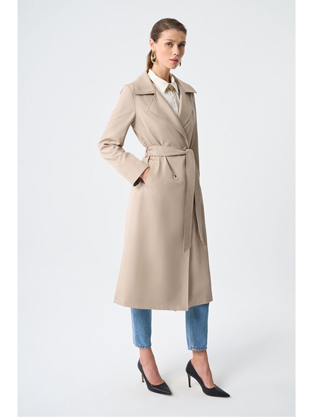 Bej Basic Klasik Uzun Taş Trençkot-1