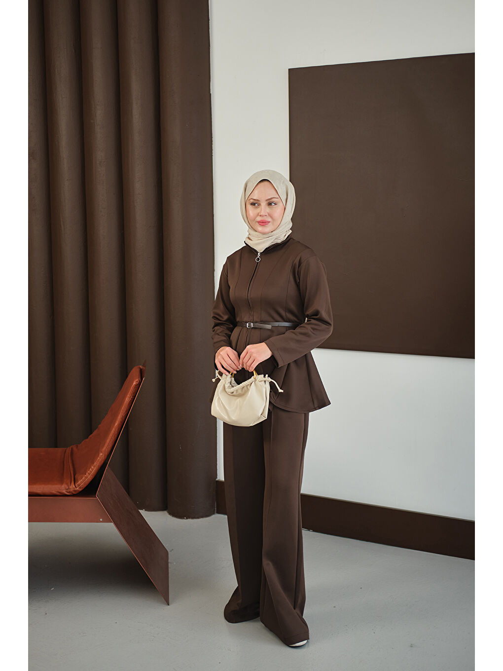 Kadın Fermuarlı Scuba Takım Kahverengi-3