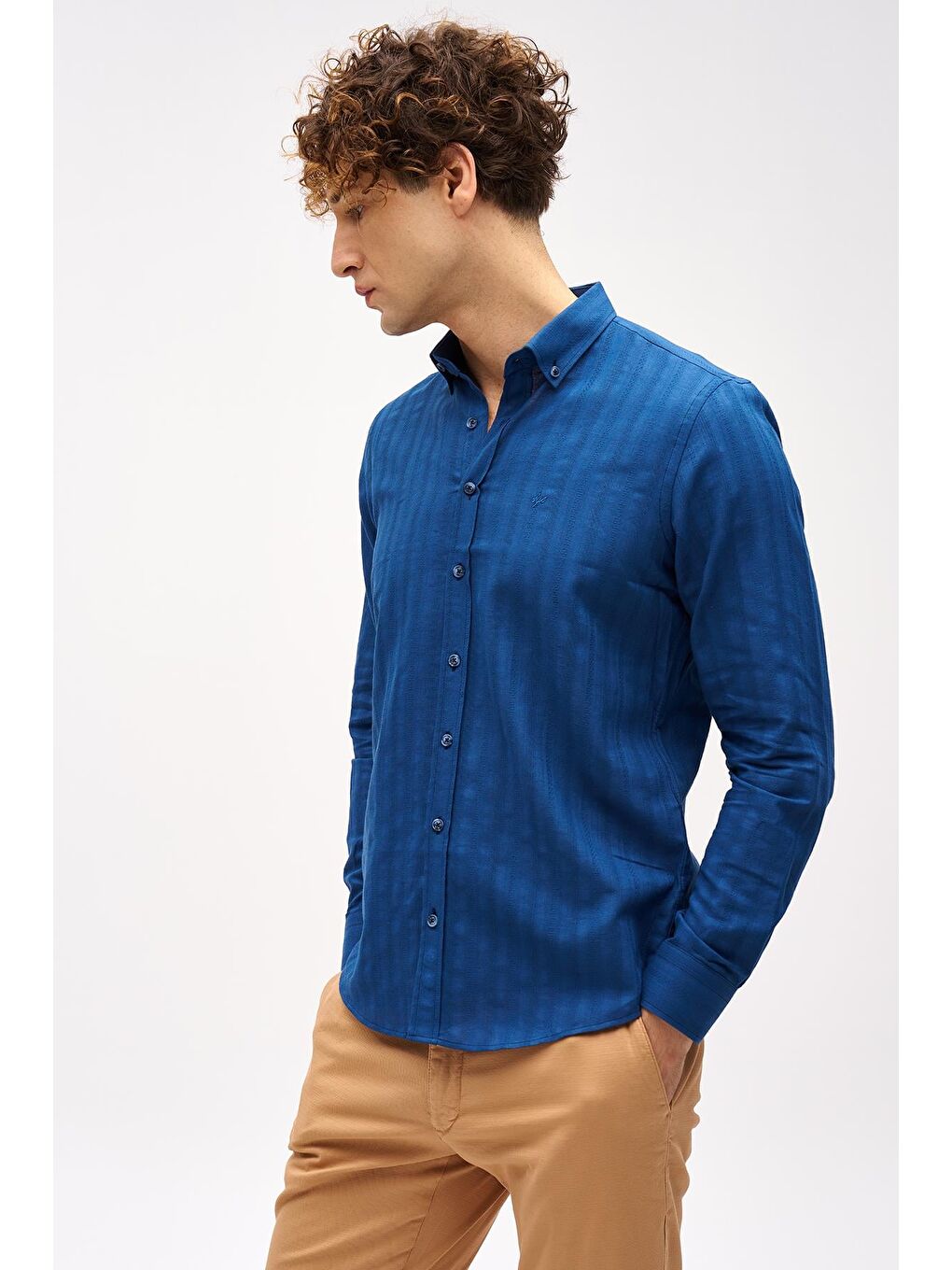 Lacivert Dynamic Fit  Düğmeli Yaka Çizgili Uzun Kollu Cepsiz %100 Pamuk Gömlek-2