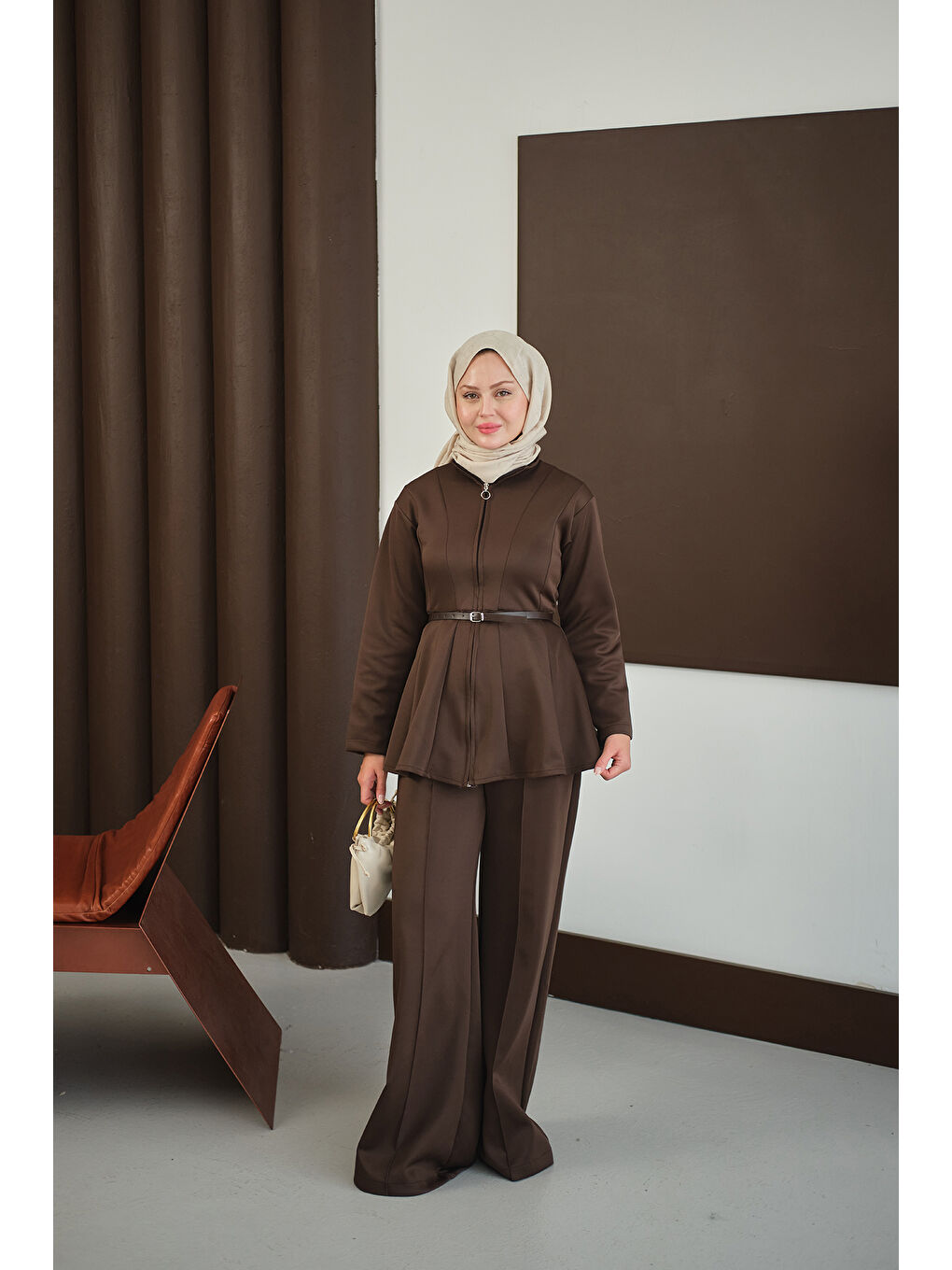 Kadın Fermuarlı Scuba Takım Kahverengi-4