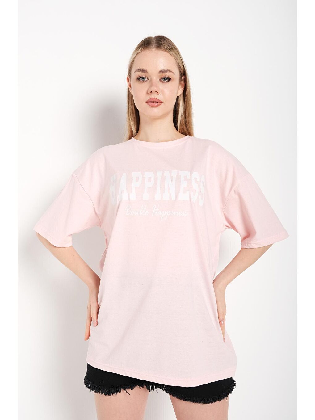 Trendseninle Pembe Kadın Pudra Pembe Happıness Baskılı Oversize Tişört - 1