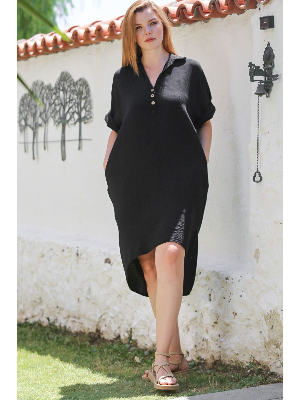 Siyah Gömlek Yaka 3/4 Kol Cepli Yıkamalı Casual Müslin Arkası Uzun Dokuma Elbise 102 70-4