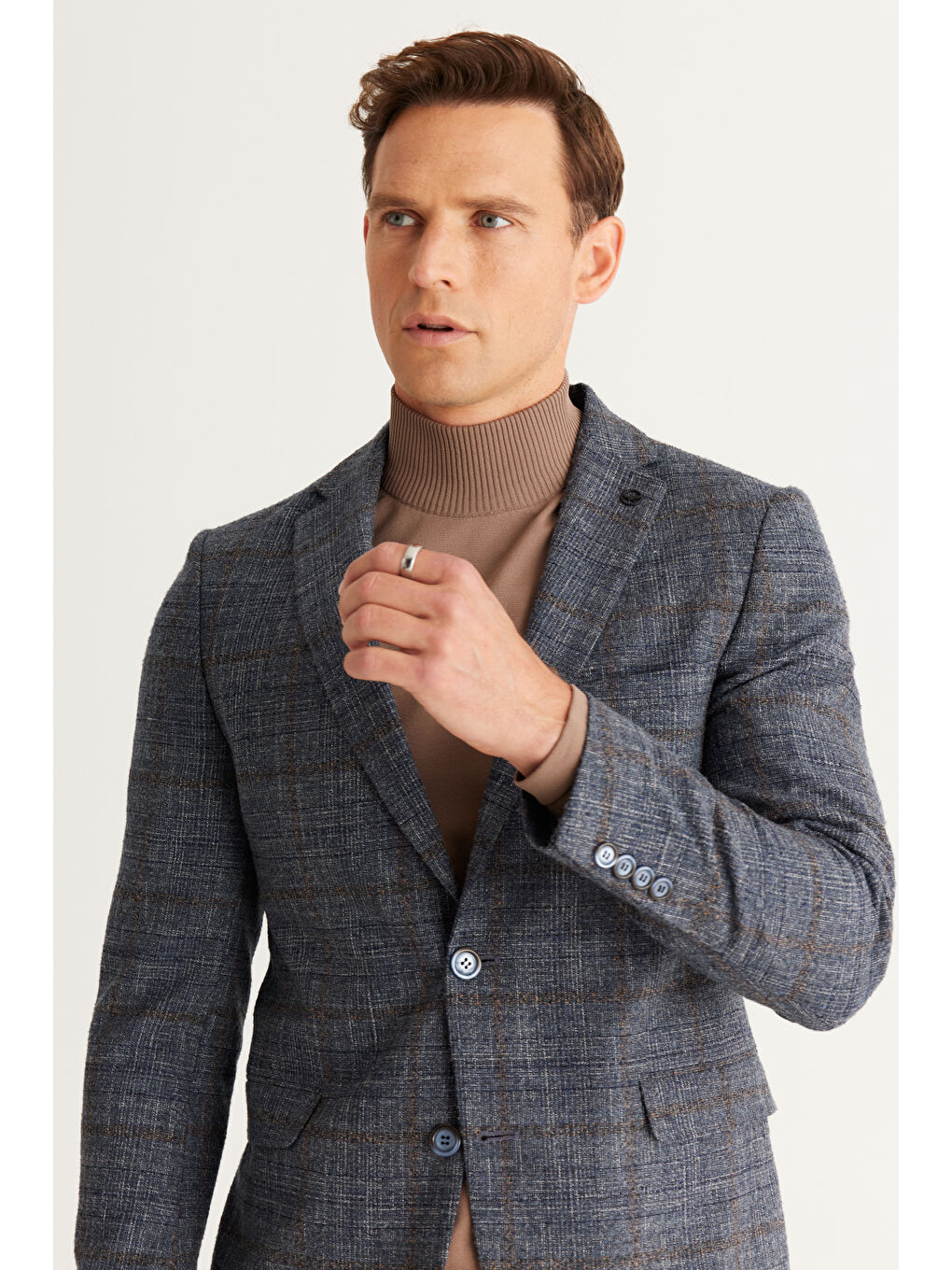 Erkek Mavi-Kahverengi Slim Fit Dar Kesim Mono Yaka Kapak Cep Ceket-2