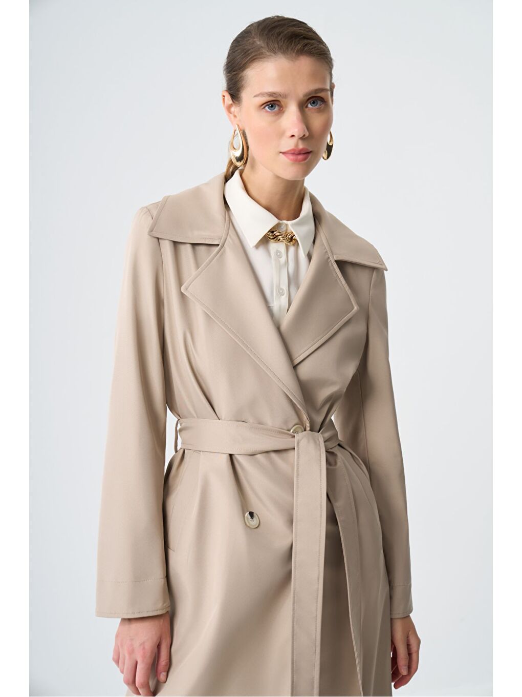 Bej Basic Klasik Uzun Taş Trençkot-2