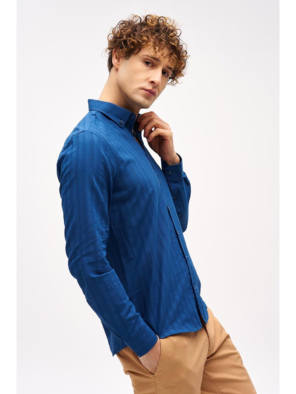 Lacivert Dynamic Fit  Düğmeli Yaka Çizgili Uzun Kollu Cepsiz %100 Pamuk Gömlek-3