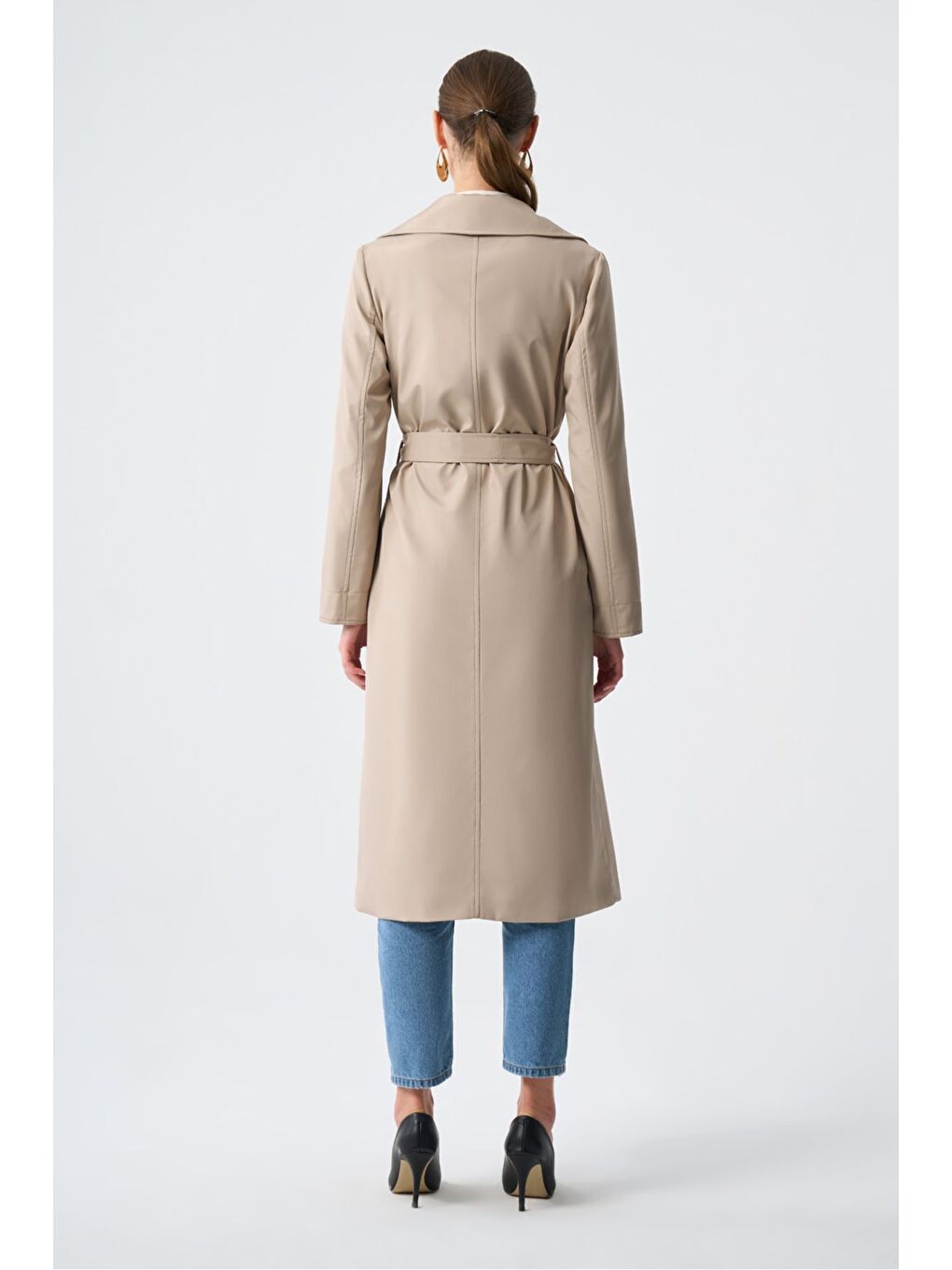 Bej Basic Klasik Uzun Taş Trençkot-3