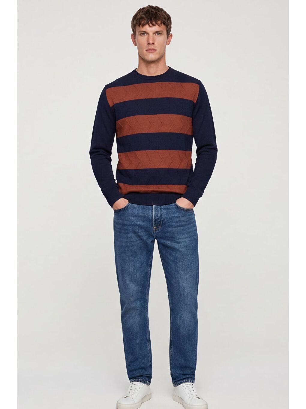 Erkek Lacivert Normal Kesim Regular Fit Yünlü Bisiklet Yaka Minimal Triko Kazak-1