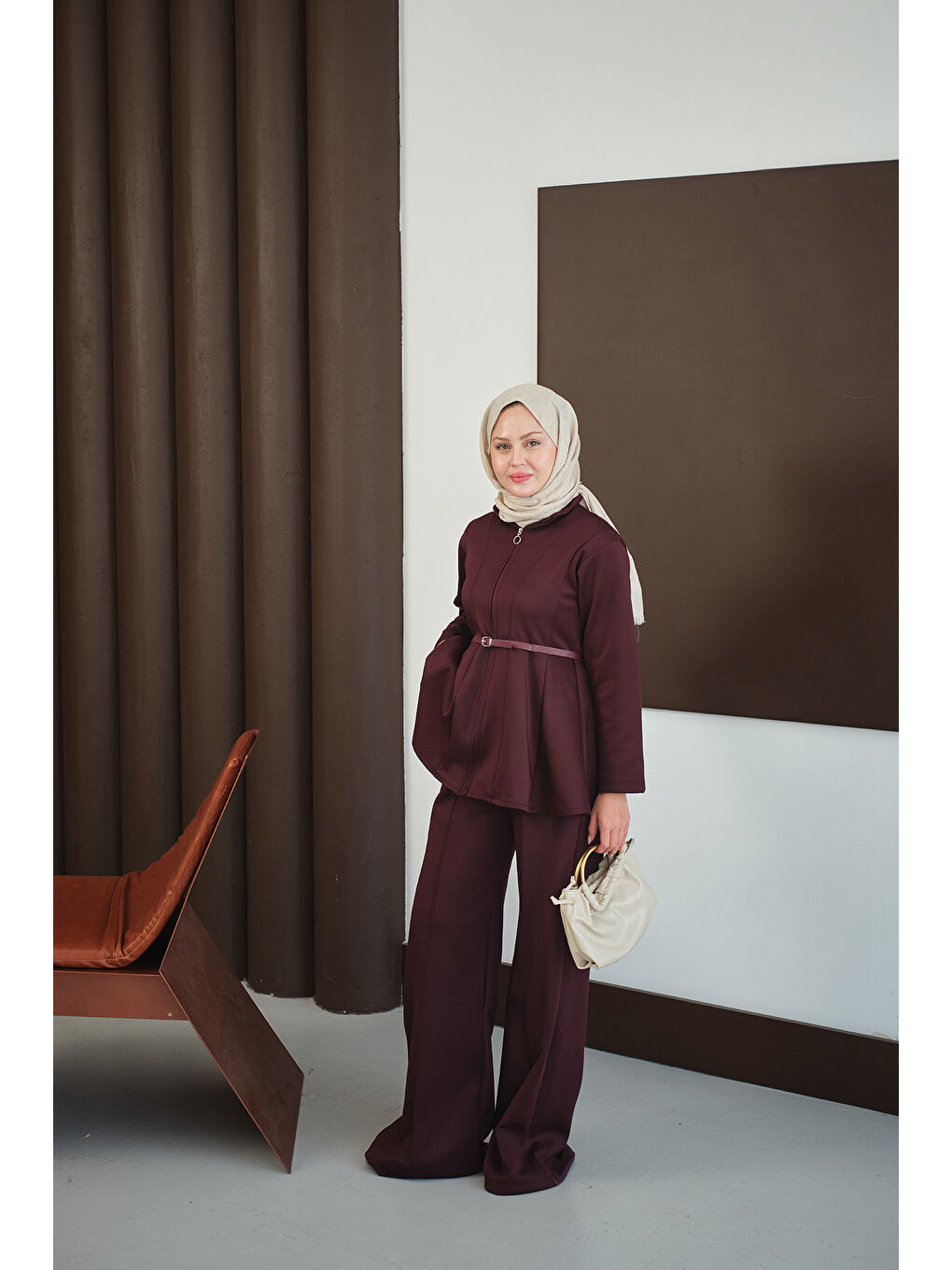 Kadın Fermuarlı Scuba Takım Bordo-3