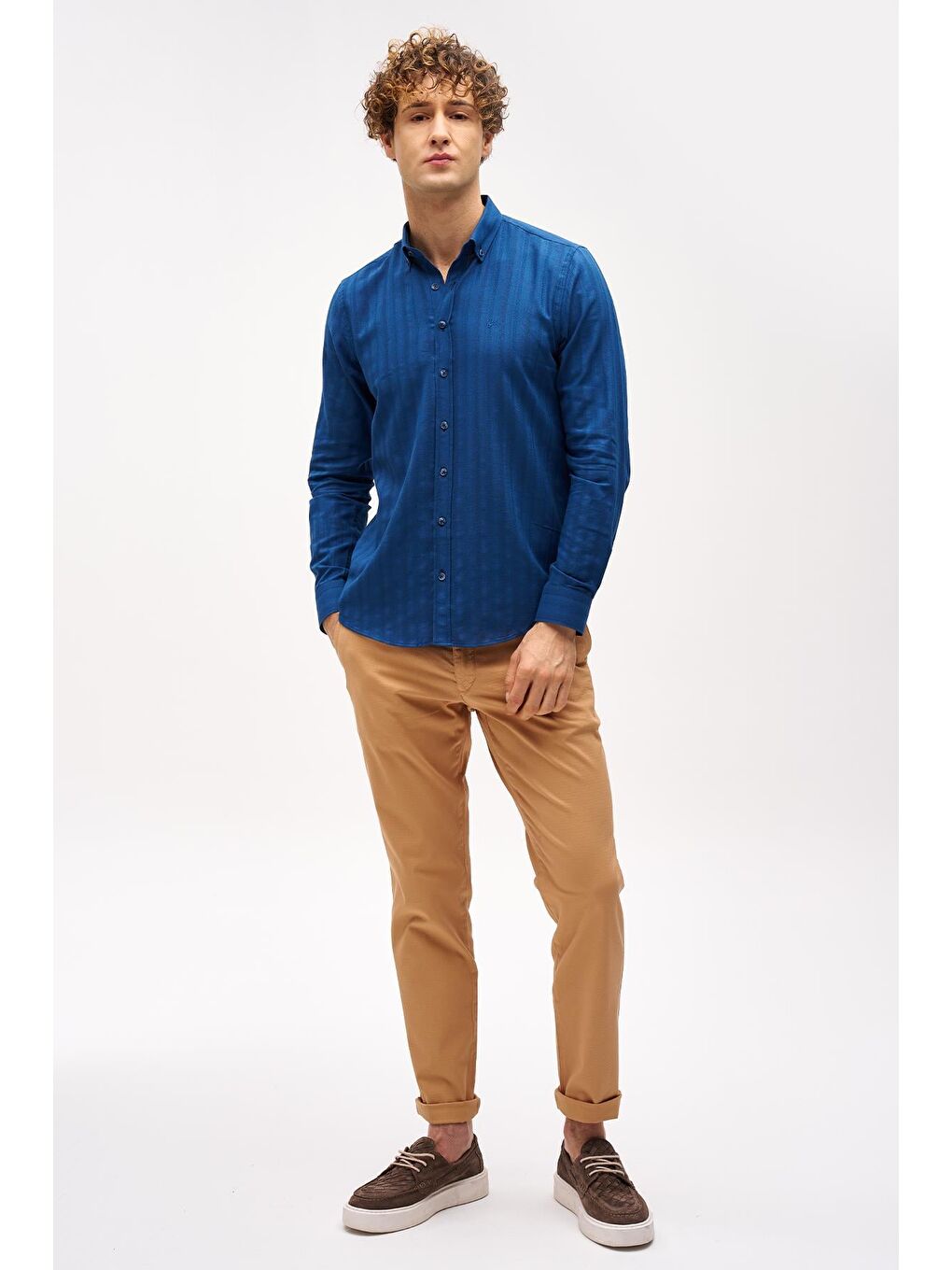 Lacivert Dynamic Fit  Düğmeli Yaka Çizgili Uzun Kollu Cepsiz %100 Pamuk Gömlek-4