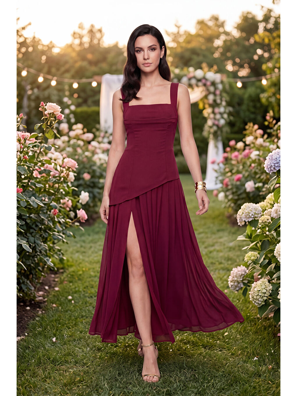 Kadın Bordo Kare Yaka Yırtmaçlı  Uzun Davet Elbisesi-3