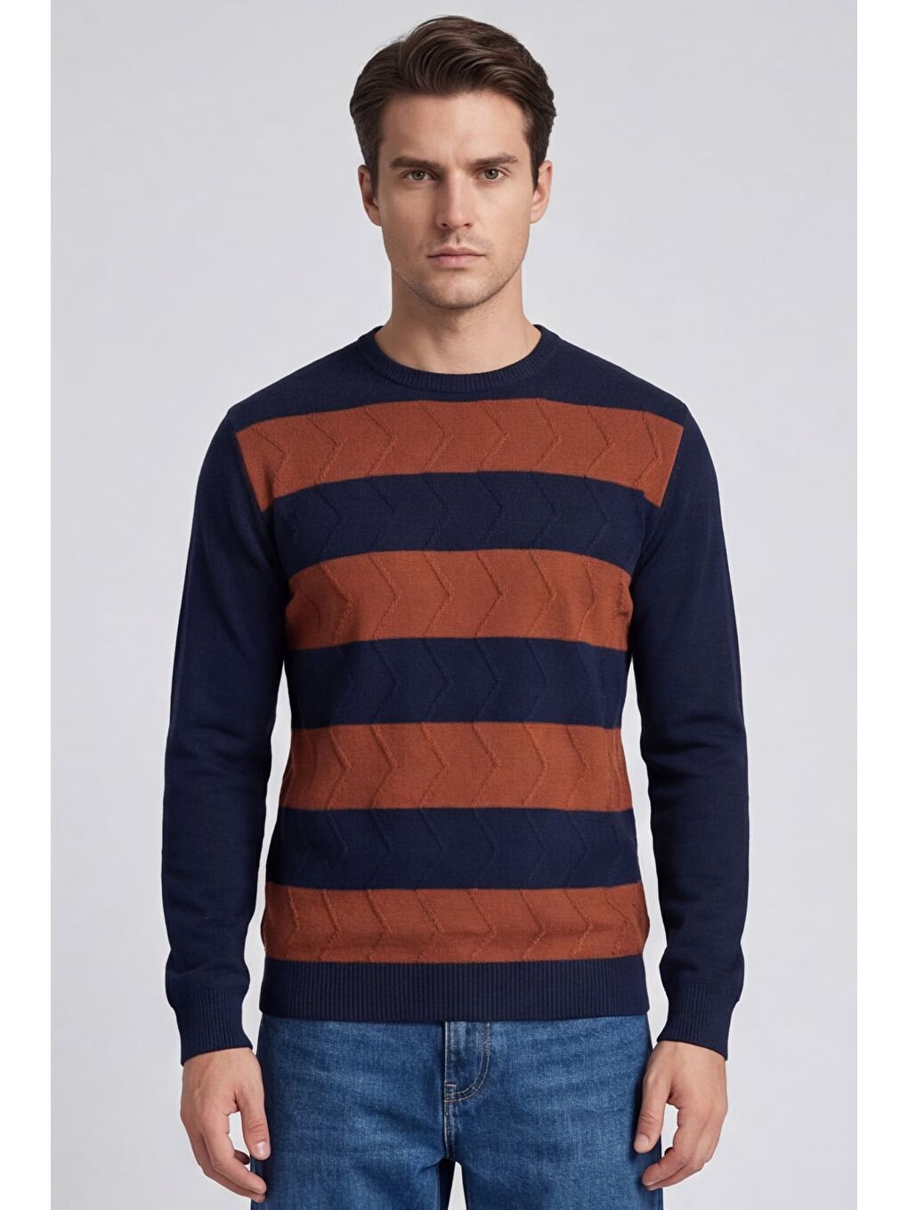 Erkek Lacivert Normal Kesim Regular Fit Yünlü Bisiklet Yaka Minimal Triko Kazak-3