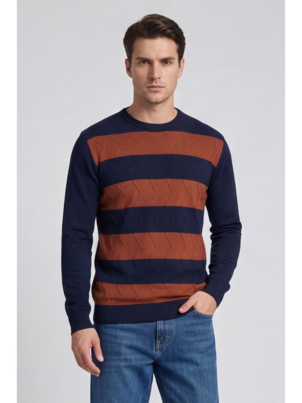 Erkek Lacivert Normal Kesim Regular Fit Yünlü Bisiklet Yaka Minimal Triko Kazak-5