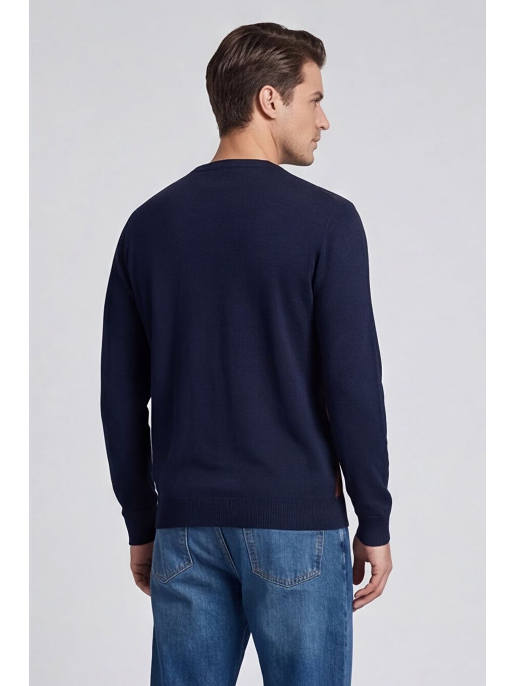 Erkek Lacivert Normal Kesim Regular Fit Yünlü Bisiklet Yaka Minimal Triko Kazak-6