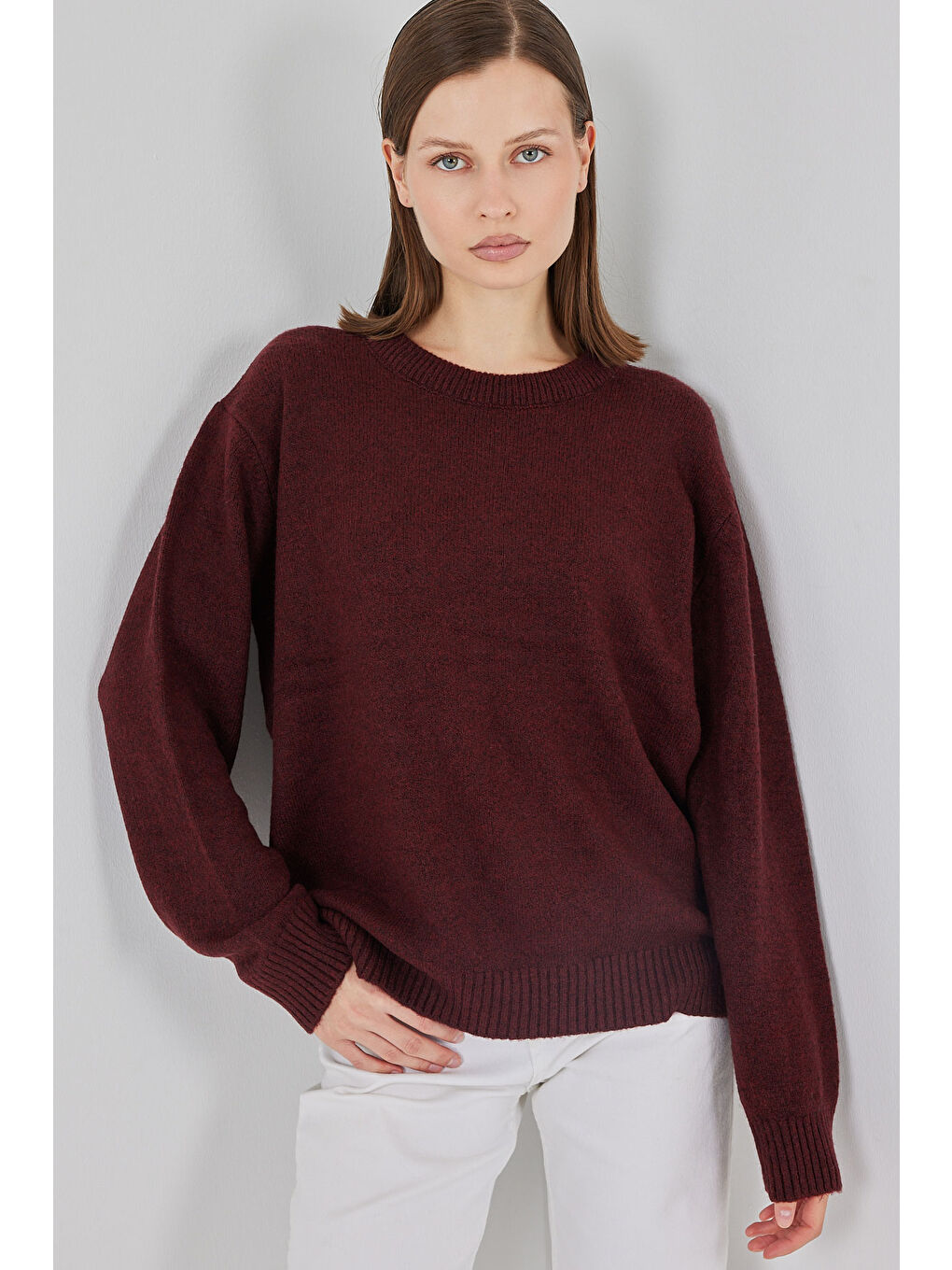 15895 Baklava Desenli Oversize Triko Kazak - D. Bordo