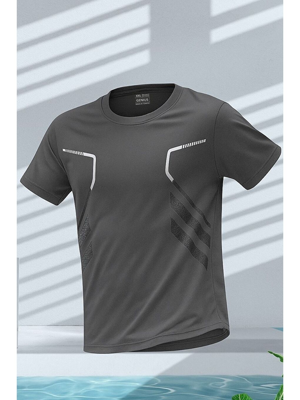 Gri Erkek Spor Tişört Antreman Gym Polyester Erkek Sporcu Tişört-1