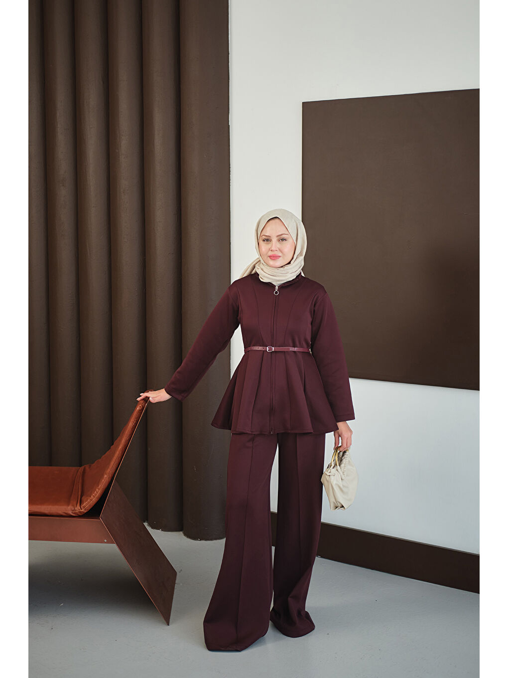 Kadın Fermuarlı Scuba Takım Bordo-4