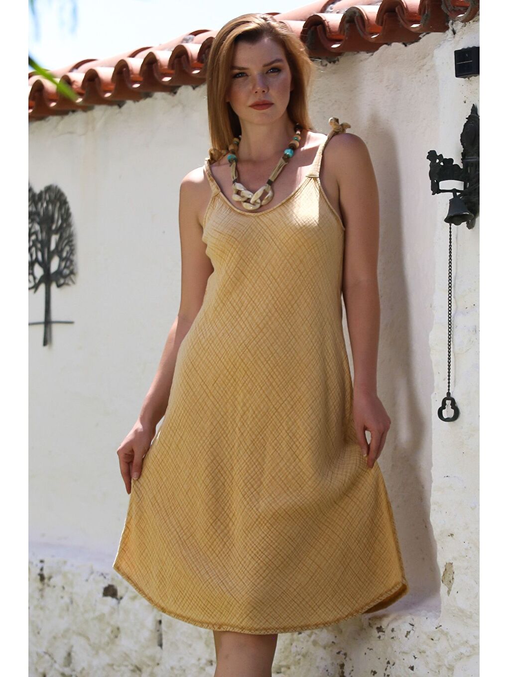 Sarı Hardal Askılı Bağlamalı Yıkamalı Casual Müslin A-Form Fit Dokuma Elbise 106 60