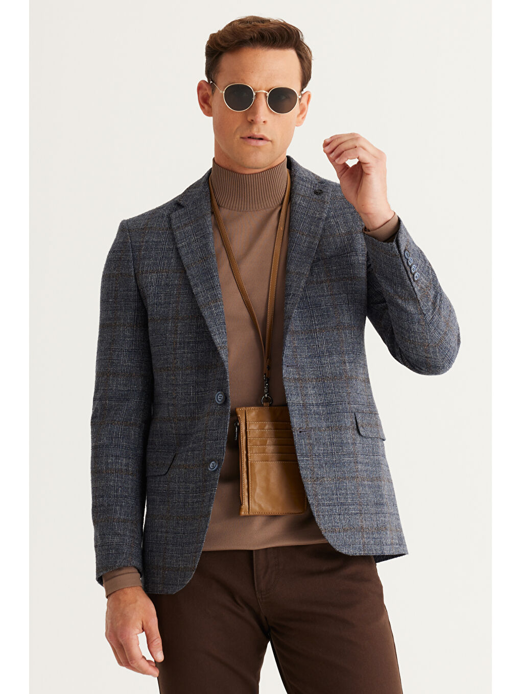 Erkek Mavi-Kahverengi Slim Fit Dar Kesim Mono Yaka Kapak Cep Ceket-3