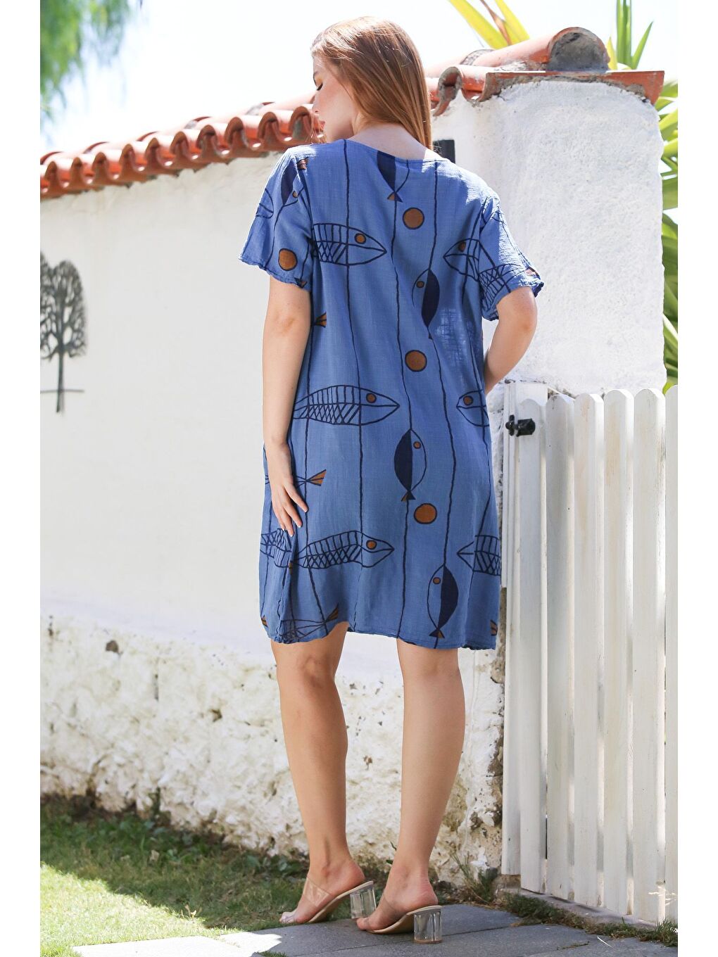 İtalyan İndigo Havuz Yaka Kısa Kol Balık Desenli Casual Keten Görünümlü Dokuma Elbise 100 60-1
