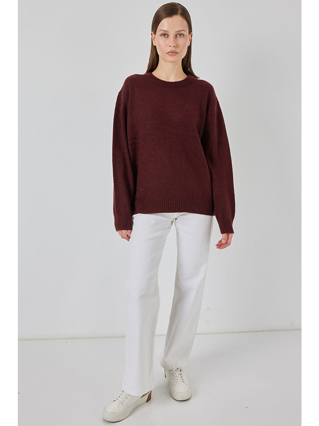 15895 Baklava Desenli Oversize Triko Kazak - D. Bordo-1