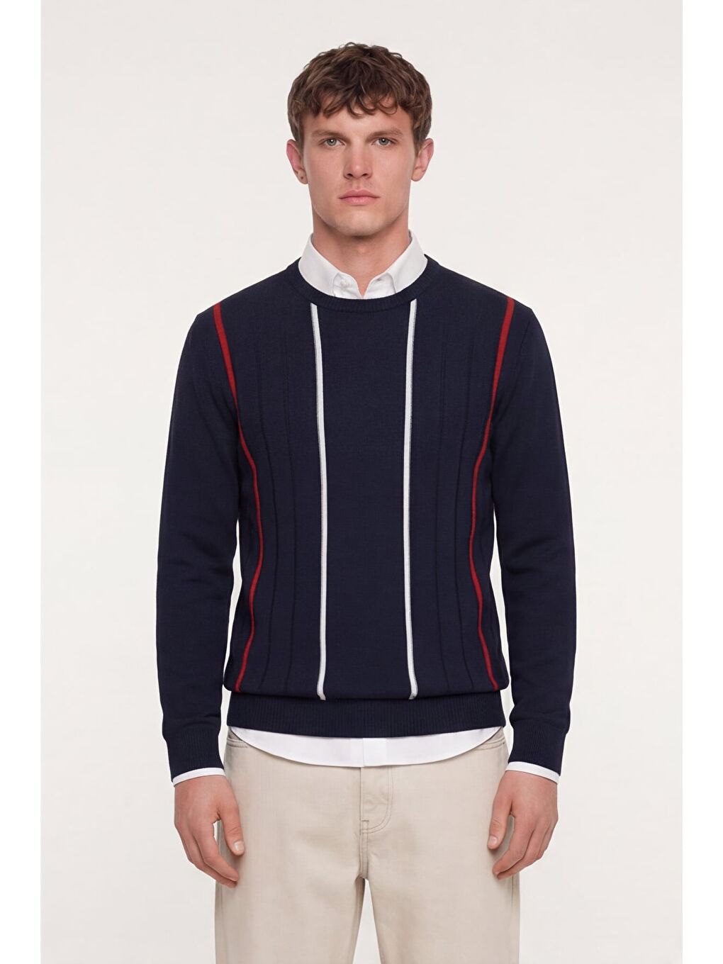 Erkek Lacivert Normal Kesim Regular Fit Yünlü Dokuma Çizgi Desen Bisiklet Yaka Triko Kazak