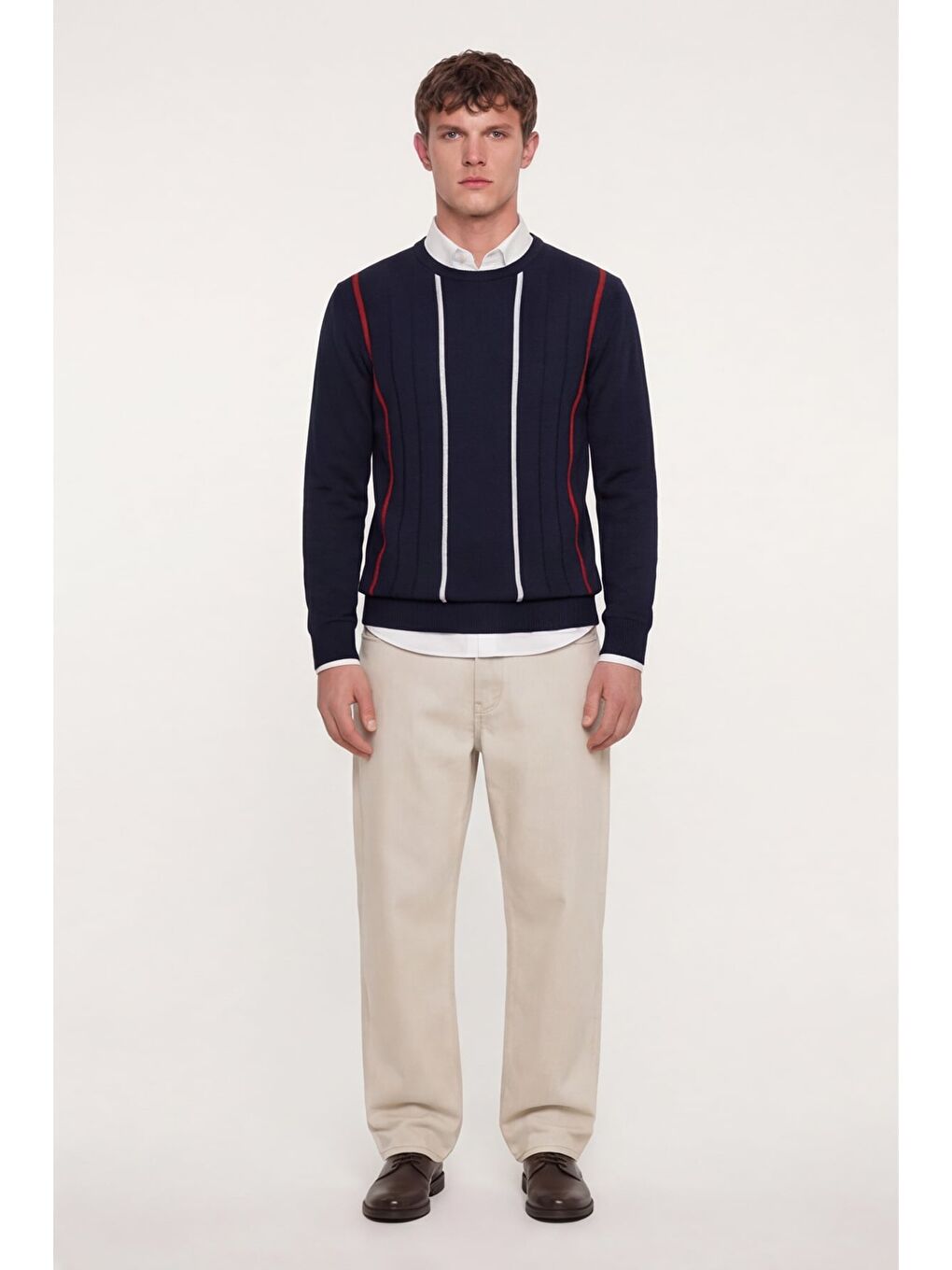 Erkek Lacivert Normal Kesim Regular Fit Yünlü Dokuma Çizgi Desen Bisiklet Yaka Triko Kazak-1