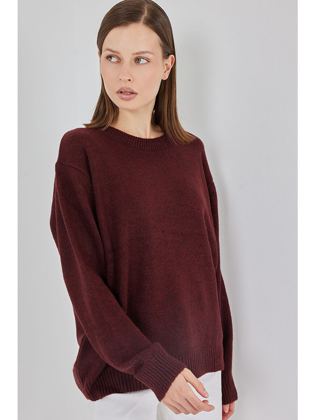 15895 Baklava Desenli Oversize Triko Kazak - D. Bordo-2