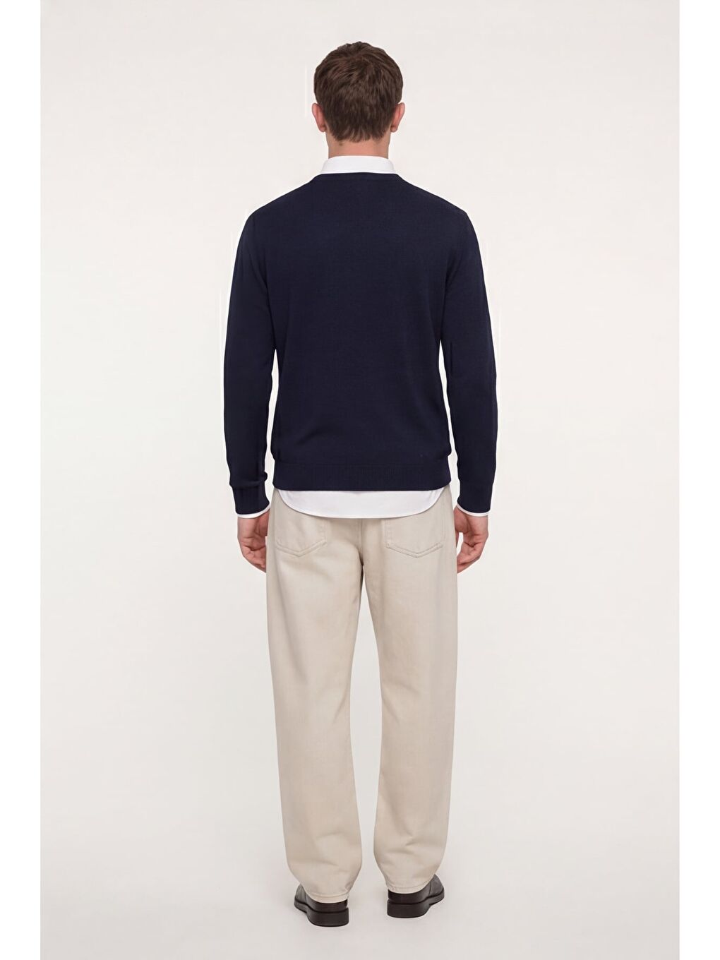 Erkek Lacivert Normal Kesim Regular Fit Yünlü Dokuma Çizgi Desen Bisiklet Yaka Triko Kazak-3