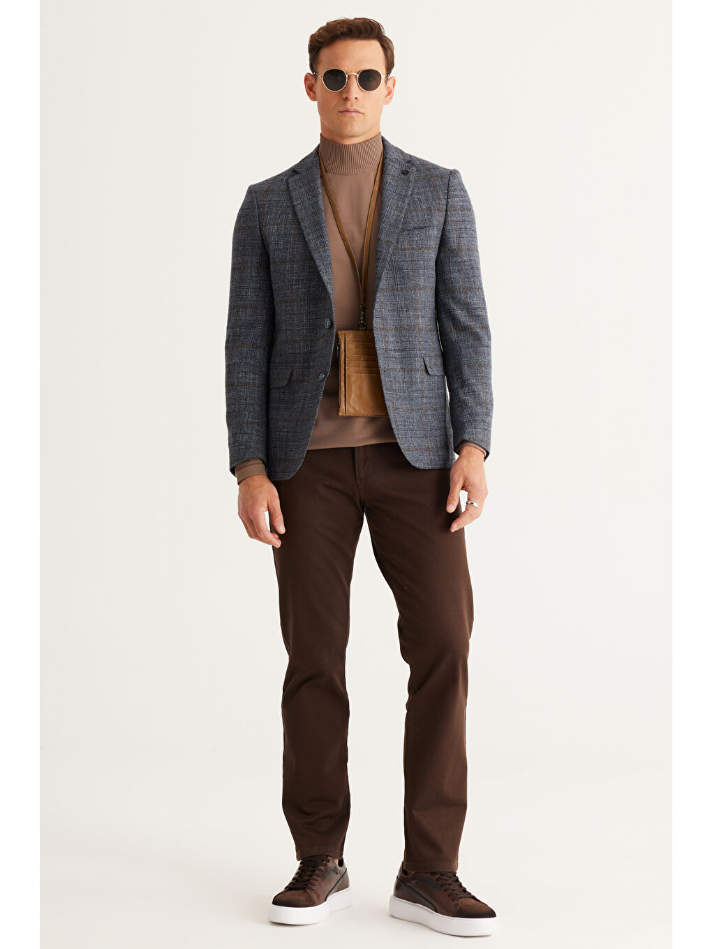 Erkek Mavi-Kahverengi Slim Fit Dar Kesim Mono Yaka Kapak Cep Ceket-4