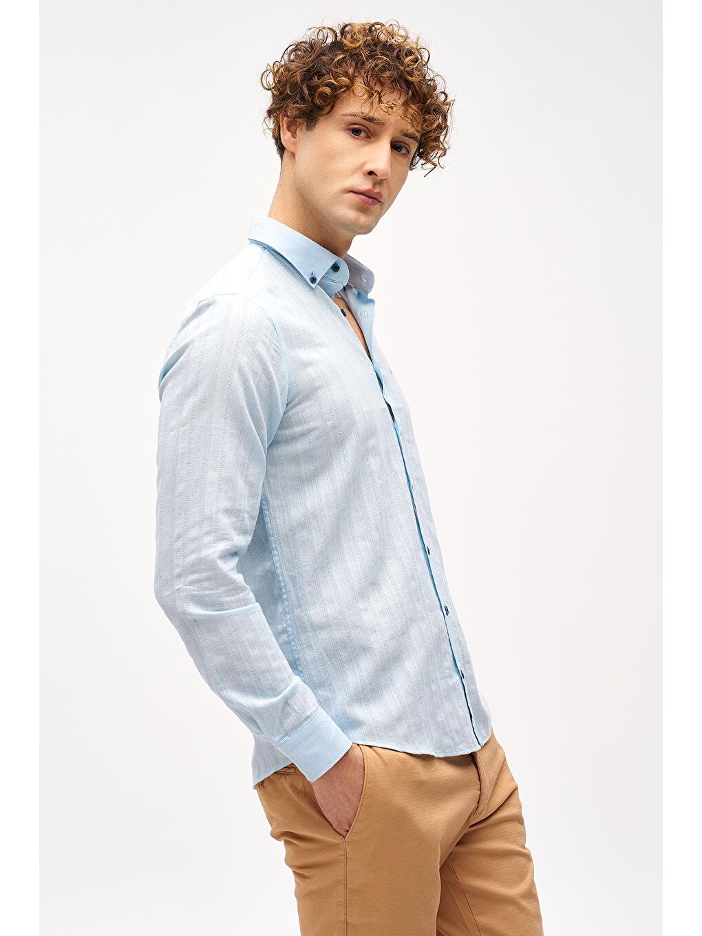 Mavi Dynamic Fit  Düğmeli Yaka Çizgili Uzun Kollu Cepsiz %100 Pamuk Gömlek-2