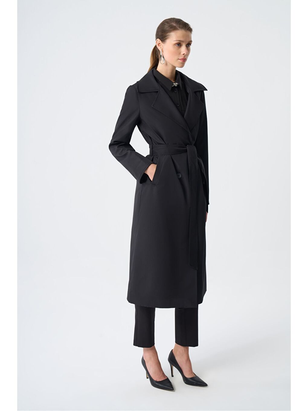 Basic Klasik Uzun Siyah Trençkot-1