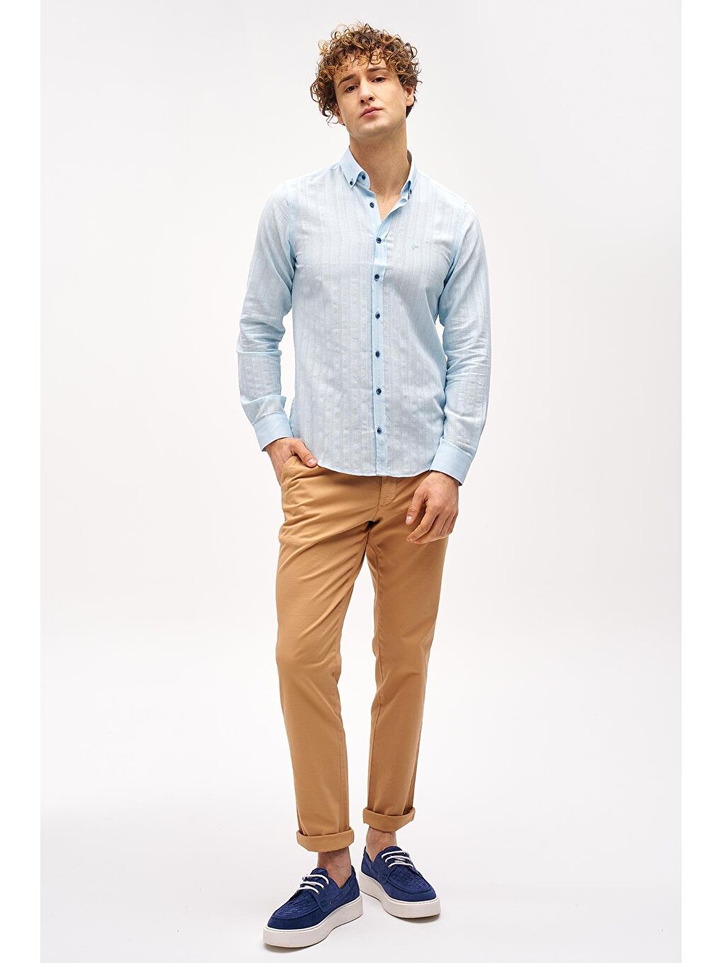 Mavi Dynamic Fit  Düğmeli Yaka Çizgili Uzun Kollu Cepsiz %100 Pamuk Gömlek-3