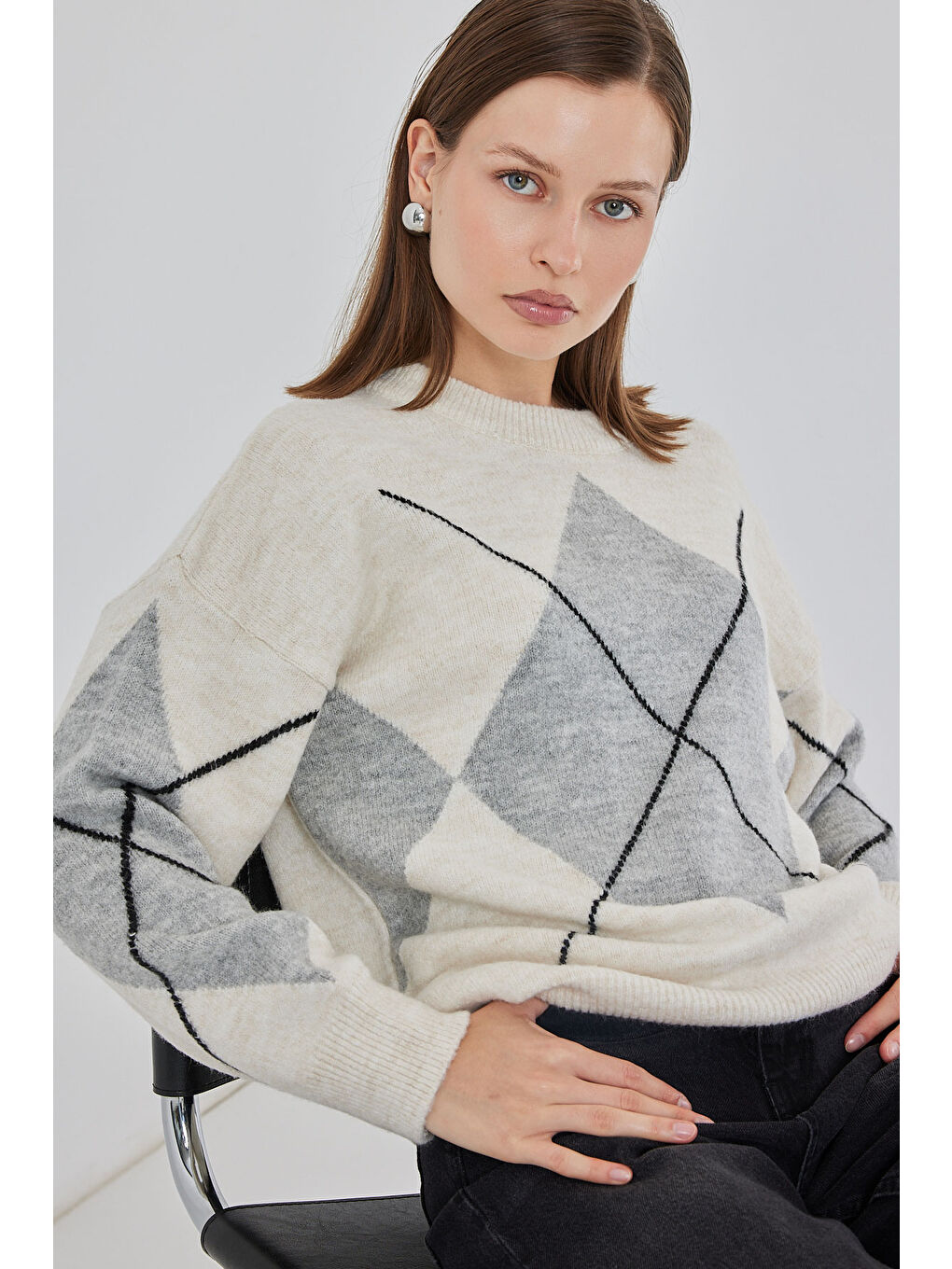 Ekru 15895 Baklava Desenli Oversize Triko Kazak - M. Krem