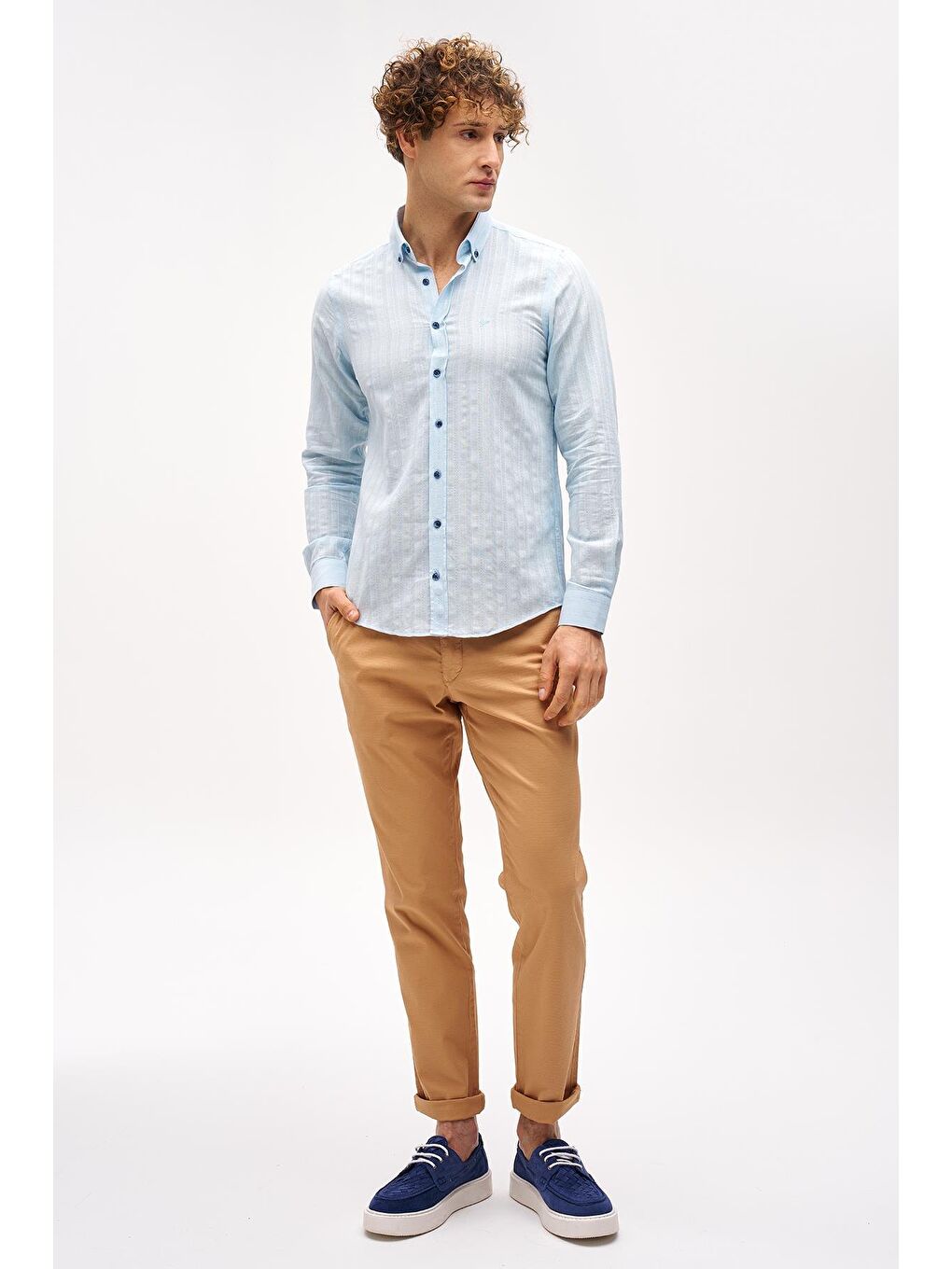 Mavi Dynamic Fit  Düğmeli Yaka Çizgili Uzun Kollu Cepsiz %100 Pamuk Gömlek-4