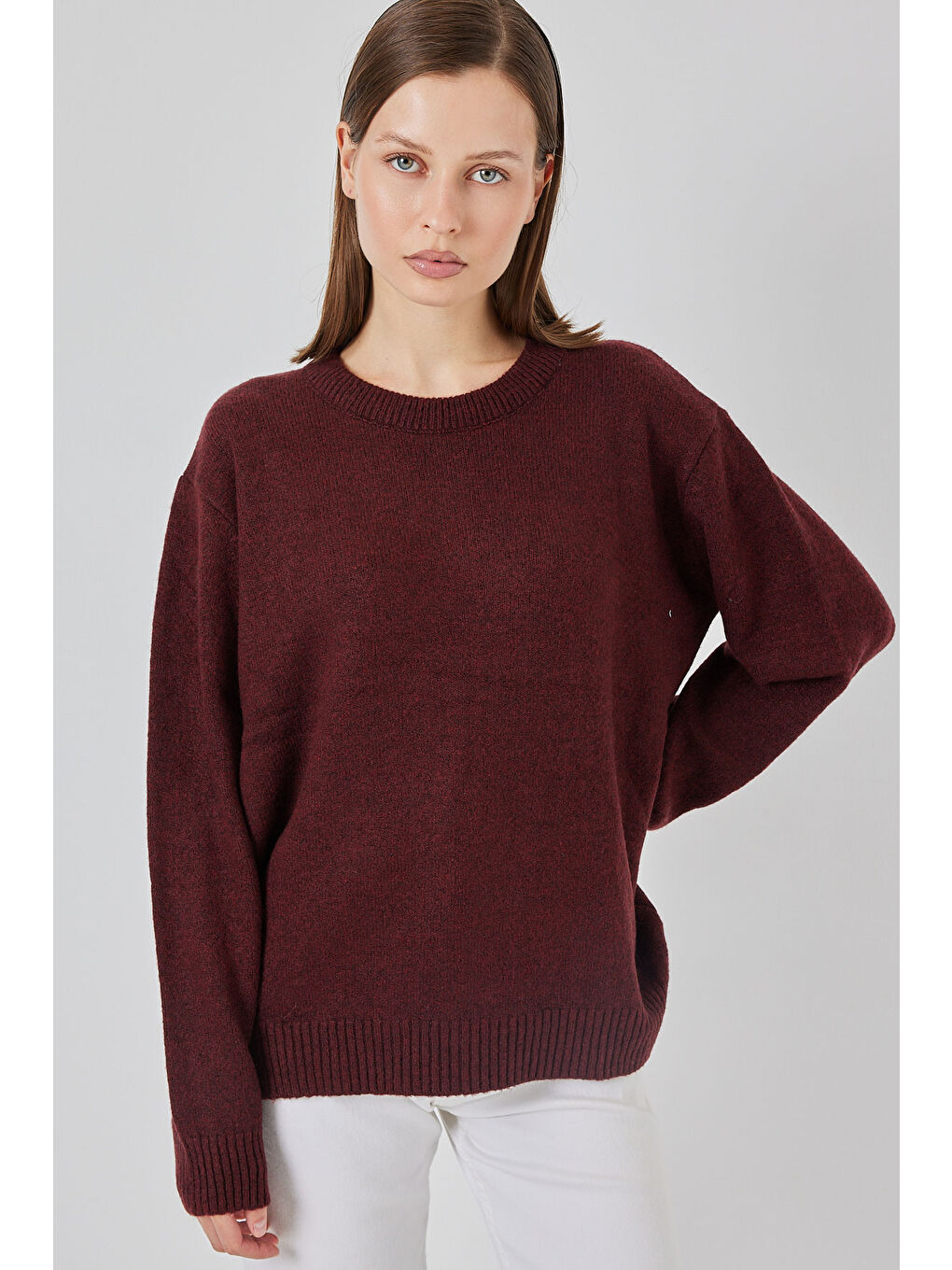 15895 Baklava Desenli Oversize Triko Kazak - D. Bordo-3