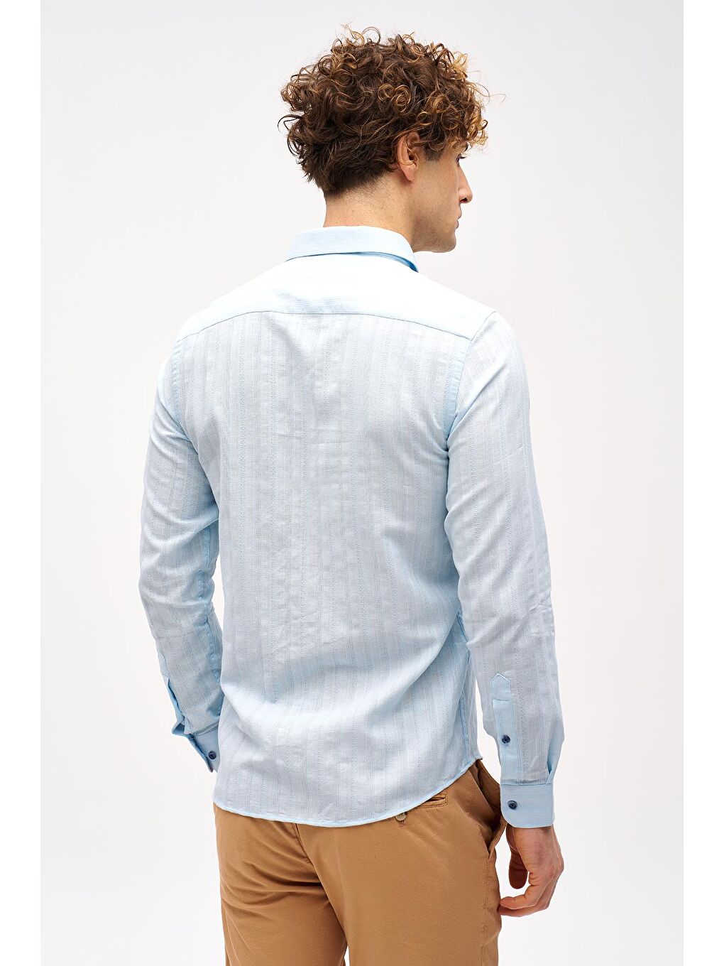 Mavi Dynamic Fit  Düğmeli Yaka Çizgili Uzun Kollu Cepsiz %100 Pamuk Gömlek-5