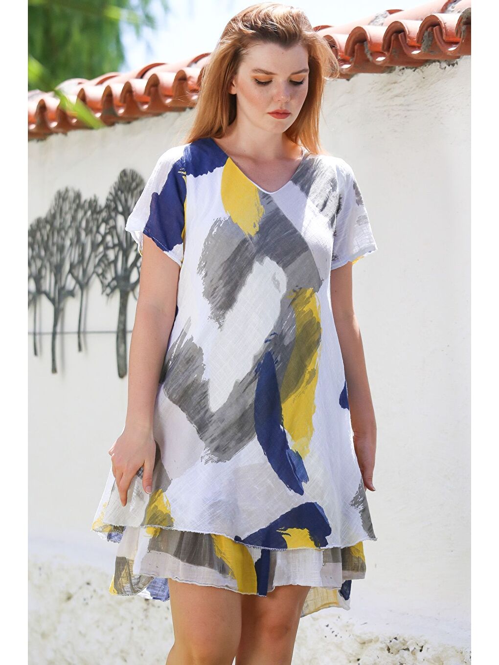 İtalyan Beyaz V Yaka Kısa Kol Desenli Astarlı Casual Keten Görünümlü Dokuma Elbise 96 64-2