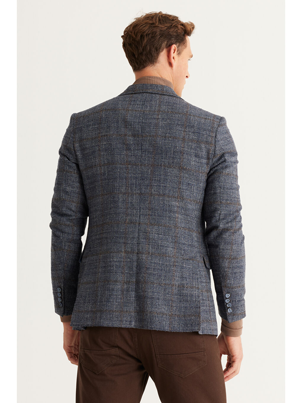 Erkek Mavi-Kahverengi Slim Fit Dar Kesim Mono Yaka Kapak Cep Ceket-5