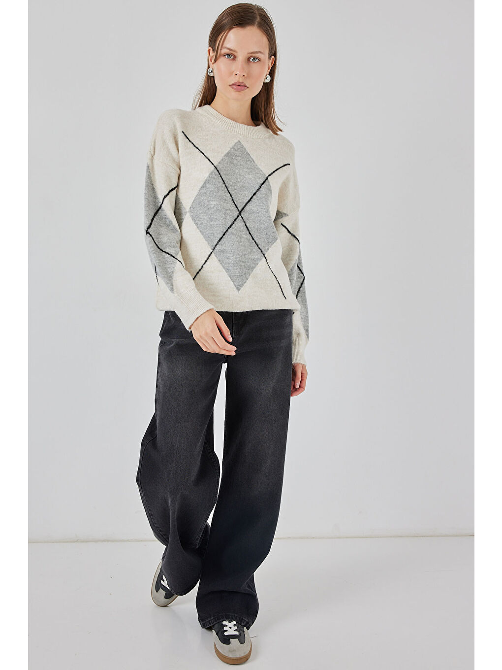 Ekru 15895 Baklava Desenli Oversize Triko Kazak - M. Krem-1