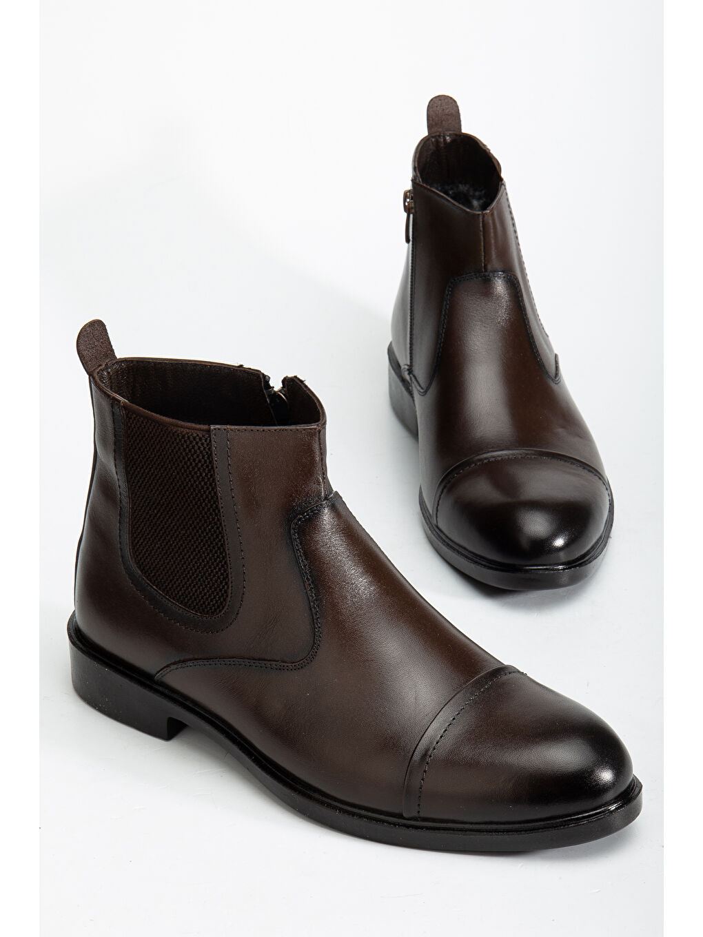 Kahverengi D2161 Hakiki Deri Içi Kürklü Fermuarlı Soğuk Geçirmez Erkek Bot